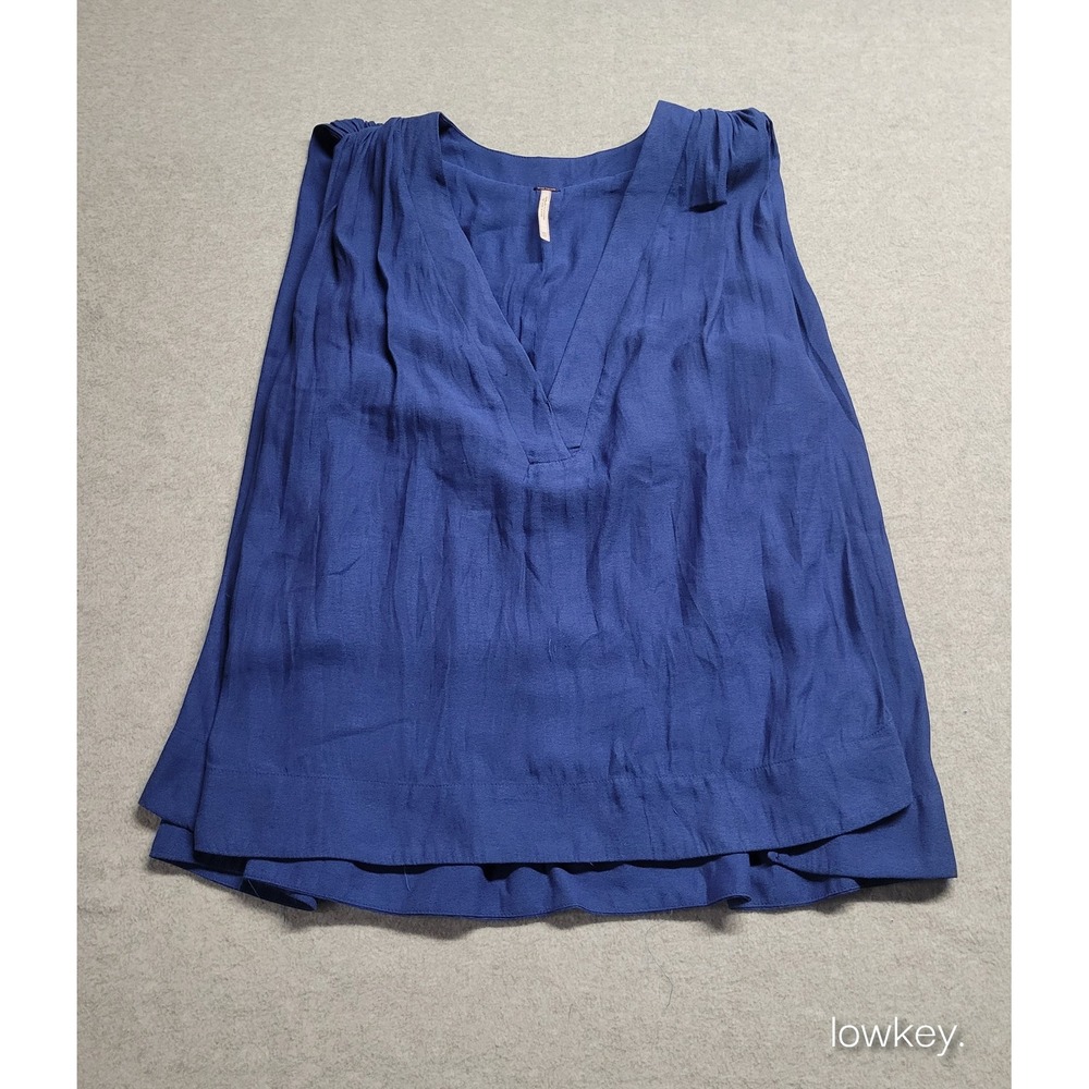 Free People Darcy Royal Blue Sleeveless V-Neck Pleated Boho Blouse Top Size XS